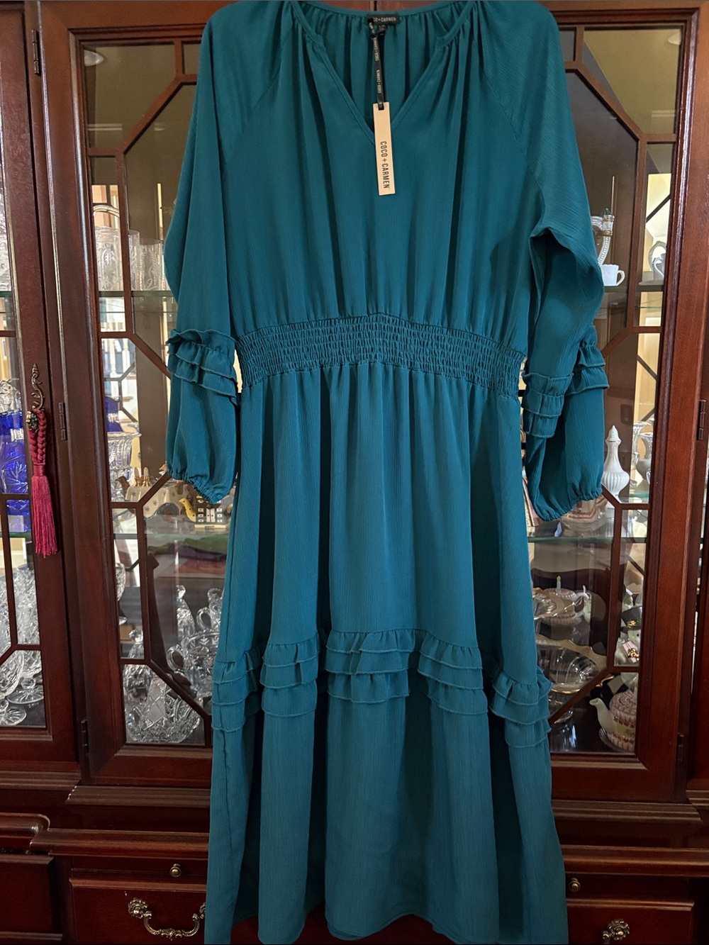CoCo and Carmen Teal Tiered Ruffle Midi Dress